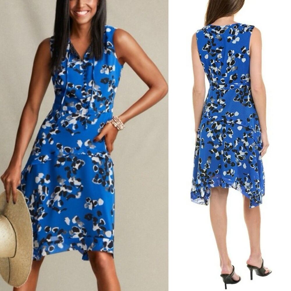 Cabi Untamed Asymmetrical Blue Floral Sleeveless Sheath Dress Women’s Small S